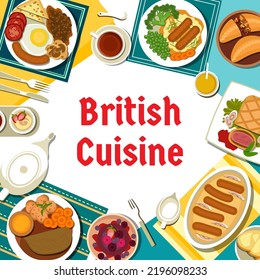 British cuisine menu cover template. Yorkshire pudding, English breakfast and berry pudding, roast beef with vegetables, bangers and mash with onion gravy, meat pastry cornish pasty, beef Wellington