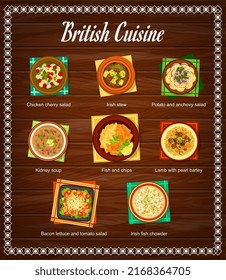 British cuisine menu page. Chicken cherry salad, Irish stew, potato and anchovy salad, kidney soup and fish with chips, lamb with pearl barley, tomato salad with bacon lettuce and Irish fish chowder