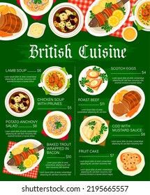 British cuisine menu vector template. Baked trout wrapped in bacon, fruit cake and roast beef, Scotch eggs, lamb soup and cod with mustard sauce, chicken soup with prunes, potato anchovy salad