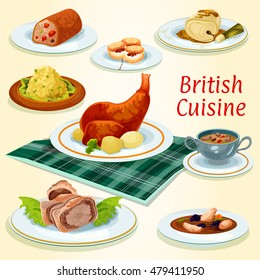 British cuisine popular dishes icon with beef wellington in pastry wrap, scottish chicken soup with prunes, rabbit with potato, fruit cake, kidney soup, scones, cod in mustard sauce and fish pate