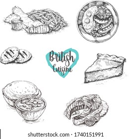 British cuisine. Street food series. Great for market, restaurant, cafe, food label design.Sketch.English cuisine