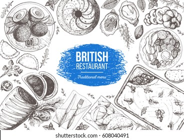 British cuisine top view frame. Food menu design with traditional british dishes, beef wellington, scotch eggs, sheppard pie, fish and chips, pudding. Vintage hand drawn sketch vector illustration.