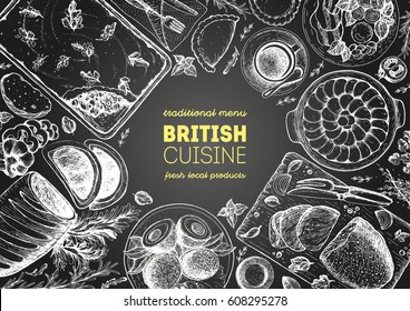 British cuisine top view frame. Food menu design with traditional british dishes, roast beef, beef wellington, scotch eggs, cottage pie . Vintage hand drawn sketch vector illustration.