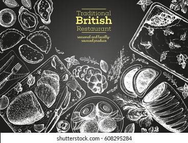 British cuisine top view frame. Food menu design with traditional british dishes, roast beef, beef wellington, scotch eggs, cornish pastry, sheppard pie. Vintage hand drawn sketch vector illustration.