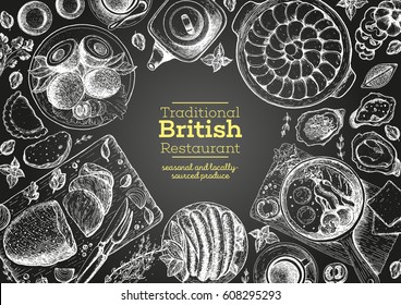 British cuisine top view frame. Food menu design with traditional british dishes, roast beef, hotpot, scotch eggs. Vintage hand drawn sketch vector illustration.