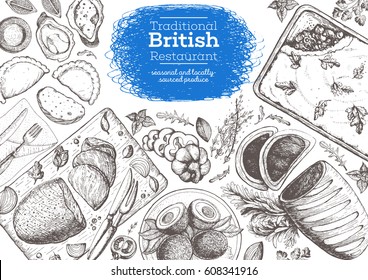 British cuisine top view frame. Food menu design with traditional british dishes, roast beef, beef wellington, scotch eggs, cornish pastry, sheppard pie. Vintage hand drawn sketch vector illustration.