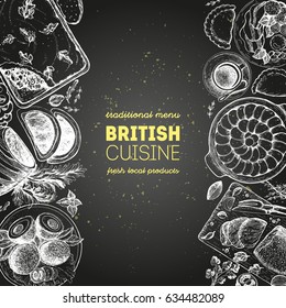 British cuisine top view illustration. Food menu design with traditional british dishes. Vintage hand drawn sketch vector illustration.