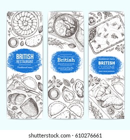 British cuisine top view vertical banners collection. Food menu design with traditional british dishes. Vintage hand drawn sketch vector illustration.