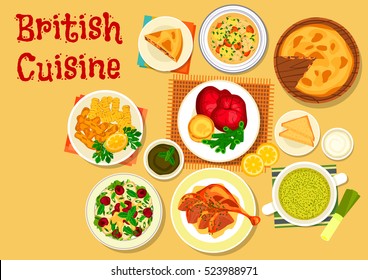 British Cuisine Traditional Roast Beef With Yorkshire Pudding Icon With Irish Fish Soup, Chicken Salad With Cherry Fruit, Fish And Chips, Duck With Mint Sauce, Sorrel Cream Soup, Beef Kidney Pie