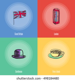 British cultural, political, architectural symbols. Union Jack flag, phone box, cup of tea, bowler hat doodle vector icons with caption on colored backgrounds. Country concept for travel company ad