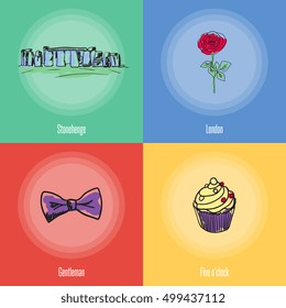 British cultural, political, fashion, historical symbols. Stonehenge, rose flower, sweet cake, bow tie doodle vector icons with caption on colored backgrounds. Country concept for travel company ad