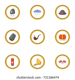 British culture icons set. Cartoon style set of 9 british culture vector icons for web design