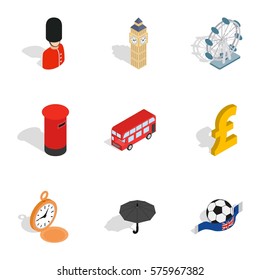 British culture icons set. Isometric 3d illustration of 9 British culture vector icons for web