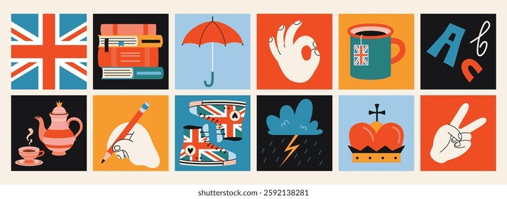 British culture symbols set. Square colorful icons with flag, tea, red bus and books and Hands gestures. Learning English language concept. Trendy modern vector illustration, hand drawn, flat design