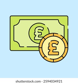 British Currency Flat design style, green banknote with a pound coin, symbolizing the UK economy, perfect for finance-related content, business materials, and investment graphics.