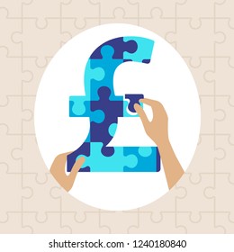 British currency Pound Sterling symbol, puzzle jigsaw pieces concept, assembled with hands, vector illustration