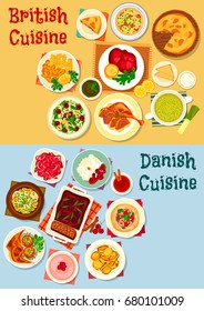 British And Danish Cuisine Icon Set. Fish Vegetable Stew, Beef Steak, Cabbage And Chicken Salad, Yorkshire Pudding, Fish Soup, Baked Meat, Potato, Pie And Pate, Rice Dessert, Fruit Bun, Milk Porridge