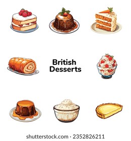 Postres británicos, esponja victoria, pudding con higos, pastel de zanahoria, mermelada, desorden etónico, pudding pegajoso de toffee, pudín de arroz, tarta de crema, ilustración vectorial plana aislada en fondo blanco