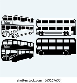 British double-decker bus. Isolated on blue background. Vector silhouettes
