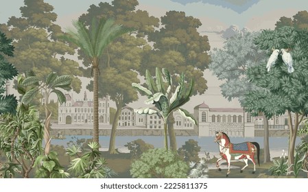 Paisaje del jardín del este de India británico con río, lago, caballo, loro vectorial ilustración