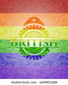 emblema británico sobre fondo de mosaico con los colores de la bandera LGBT