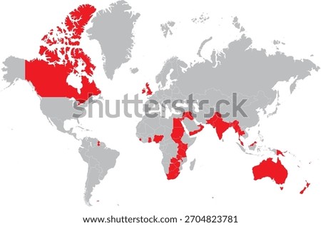 The British Empire on World Map, Countries Colonized and Occupied by Britain Editable Vector