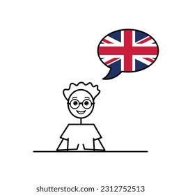 british english, Great Britain English, cartoon boy with speech bubble in UK flag colors, male character learning BrE language vector illustration, black line sketch