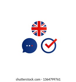 British English Language Class Concept Icon Set And Flag Logo, Language Exchange Program, Forum And International Communication Sign. Flat Design Vector Illustration