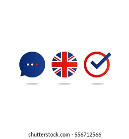 British english language class concept icon set and flag logo, language exchange program, forum and international communication sign. Flat design vector illustration