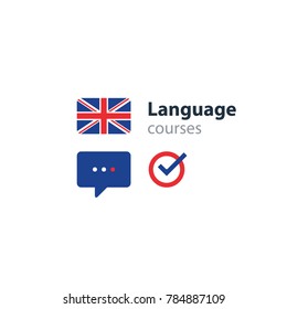 British English Language Class Concept Icon Set And Flag Logo, Language Exchange Program, Forum And International Communication Sign. Flat Design Vector Illustration