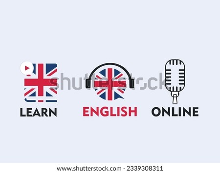 British english language class concept icon set and flag logo, language exchange program, forum and international communication sign. Flat design vector illustration