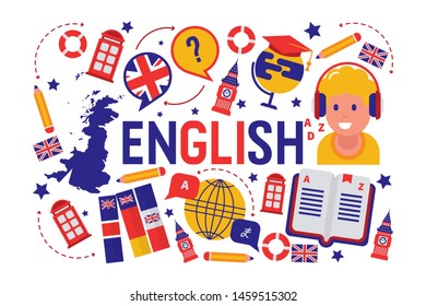 British english language learning class vector illustration. Brittish flag logo, England, dictionary, Big Ben, girls cartoon character in earphones, english language exchange program.