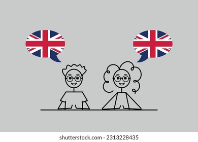 british english speakers, Great Britain English speaking, cartoon boy and girl with speech bubbles in UK flag colors, learning English language vector illustration