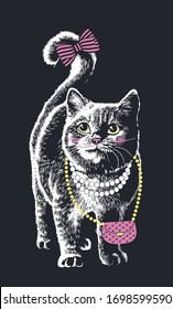 British fashion cat with a pearl beads & bag. Drawn by hand with pen. Realistic vector illustration.