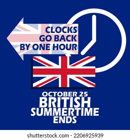 British flag with clock icon and arrow with bold text on dark blue background to celebrate British Summertime Ends on October 25 in United Kingdom