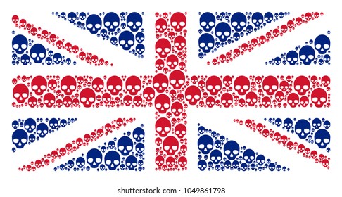 British Flag collage created of skull elements. Vector skull items are united into mosaic Great Britain flag illustration.