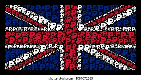 British Flag collage organized of rouble design elements on a dark background. Vector rouble elements are organized into geometric United Kingdom flag collage.