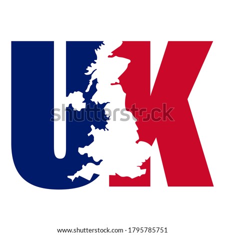 British flag colored UK letters forming borders of United Kingdom
