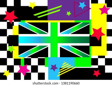 British flag colorful pop art backgorund with pink  and red stars vector illustration and black and white mosaic