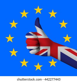British flag colors hand on the background of the EU flag