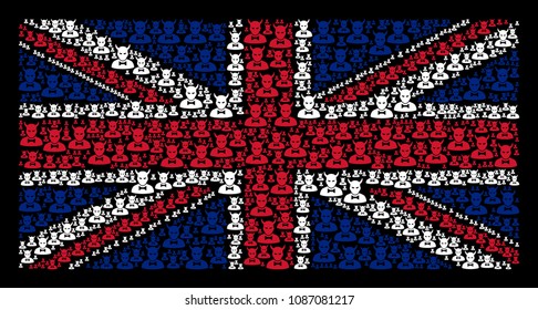 British Flag composition designed of devil icons on a dark background. Vector devil icons are organized into conceptual UK flag collage.