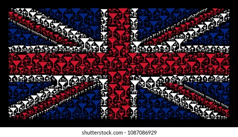 British Flag concept done of alcohol glass icons on a dark background. Vector alcohol glass pictograms are organized into mosaic British flag illustration.
