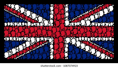 British Flag concept done of man head profile elements on a dark background. Vector man head profile items are united into geometric UK flag collage.