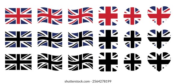 British flag designs in various styles and shapes. British flag icon.