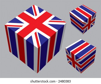 Bandera británica extruida y mapeada en 3 cubos. CMYK en capas separadas.