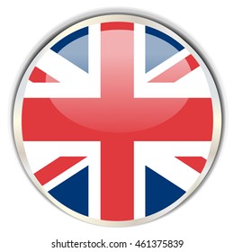 British Flag. Glossy button with glare in bright round frame.