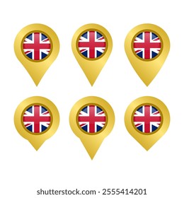 British flag golden location pins collection