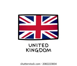 Bandera británica. Atracciones de pincel azules, rojas y blancas dibujadas a mano. Borde negro. Ilustración vectorial aislada en fondo blanco.