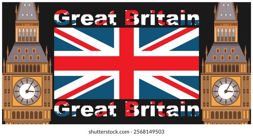 British flag, the inscription Great Britain and the Tower of London on a black background. Decorative panel, poster, card. Vector illustration