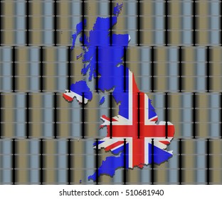  British flag map on oil barrels. Commercial oil storage energy concept. 